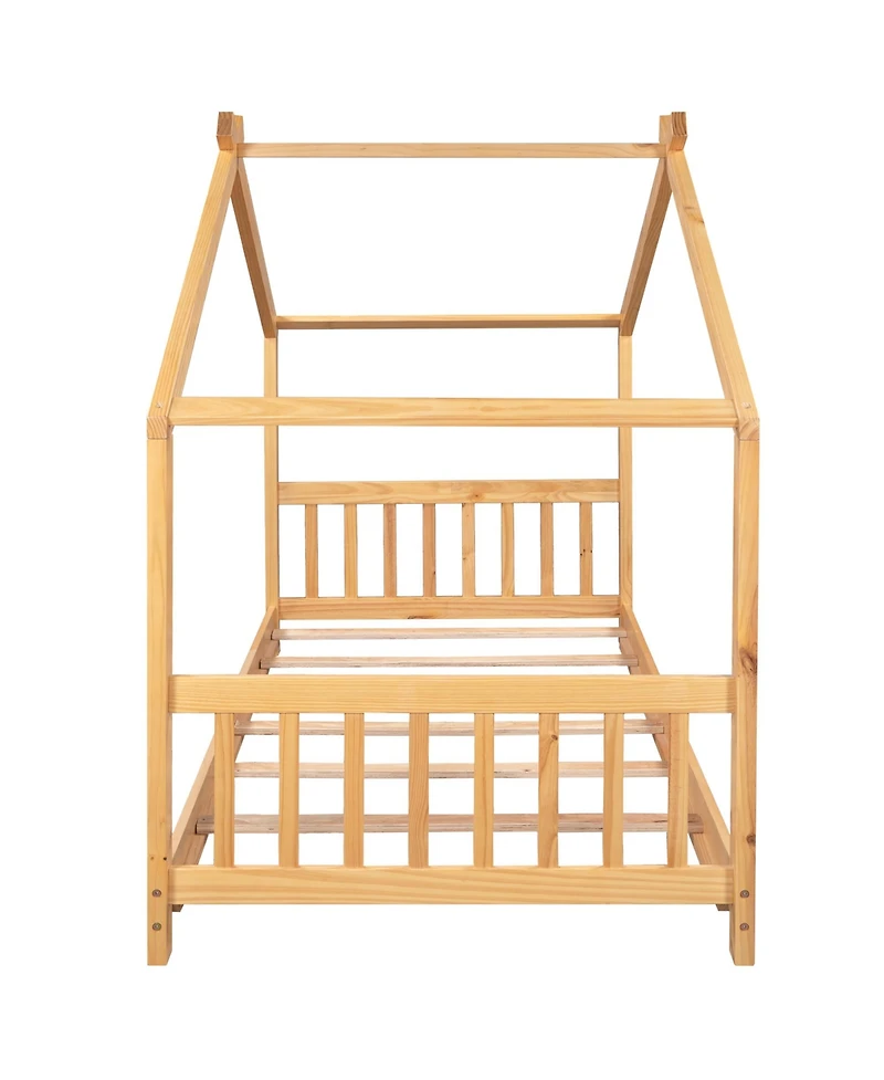 flynama Twin Size Natural Wood House Platform Bed with Headboard Footboard Roof Design and Open Concept