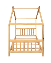 flynama Twin Size Natural Wood House Platform Bed with Headboard Footboard Roof Design and Open Concept