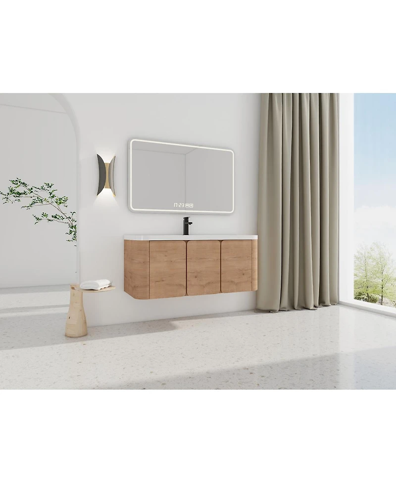 Sillysis 48 Inch Wall Mounted Modern Bathroom Vanity with Resin Sink, Soft Close Doors, Plywood Cabinet, Storage Space