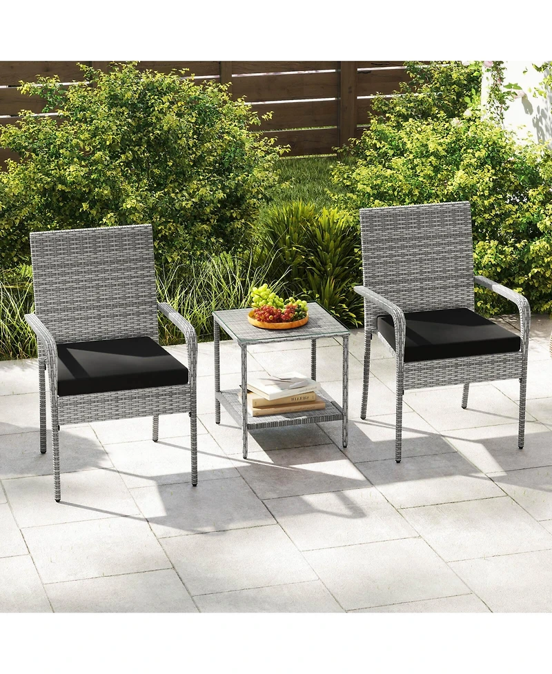 Costway 3 Pieces Patio Furniture Set with Seat Cushions and Tempered Glass Tabletop