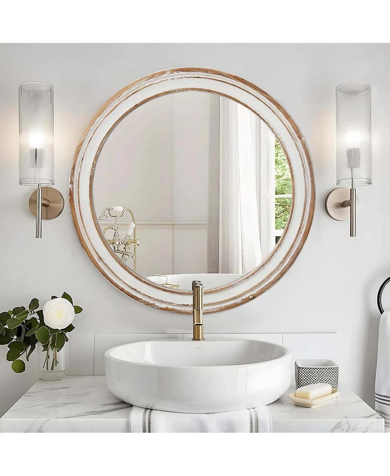 Laoties Round Farmhouse Wall Mirror, Wood