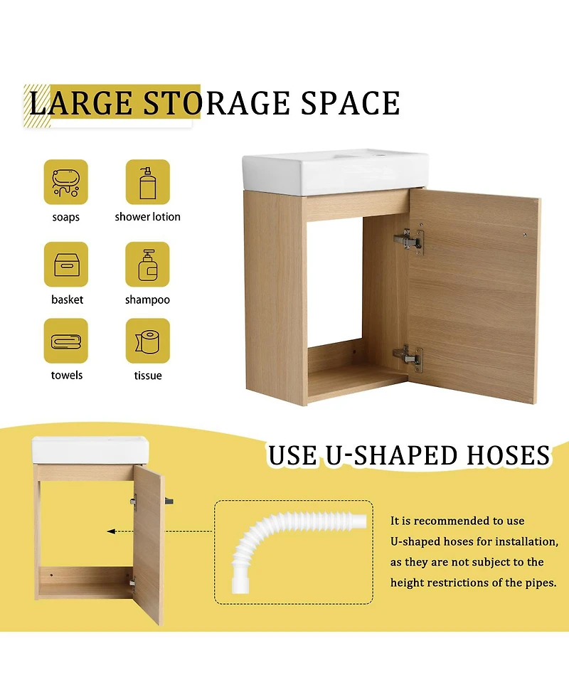 Sillysis 16 Inch Wall Mounted Bathroom Vanity with Ceramic Sink, Soft Close Door, Modern Floating Cabinet for Small Spaces