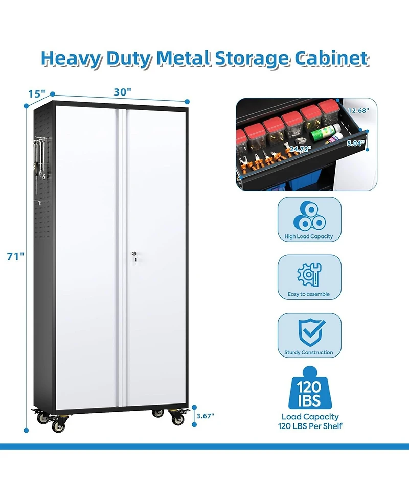 Boyel Living 71" Rolling Metal Tool Storage Cabinet, Lockable Utility Organizer with Pegboard and Drawer for Garage
