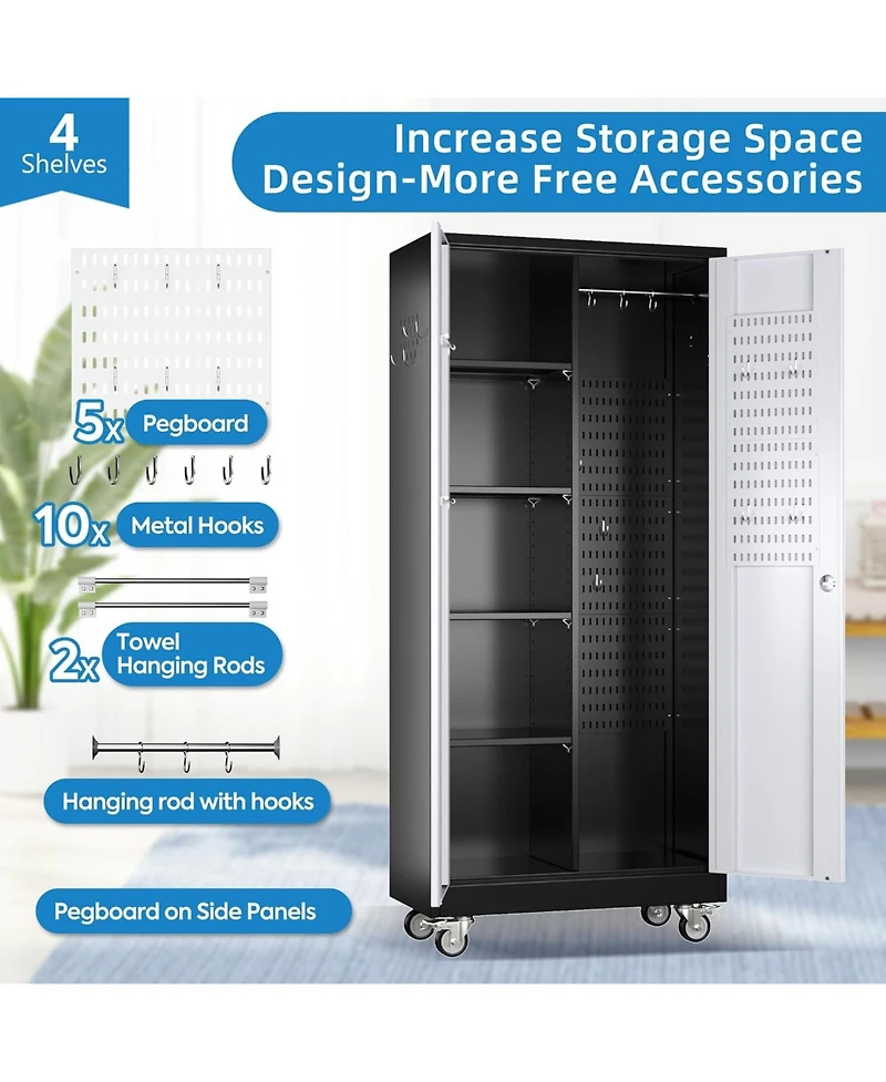 Boyel Living 71" Broom Closet Storage Cabinet with Wheels, Lockable Metal Organizer with Pegboard and Hooks for Garage