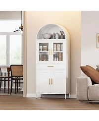 Boyel Living Farmhouse Arched Coffee Bar Cabinet, White Metal Pantry Hutch with Glass Doors and Drawers