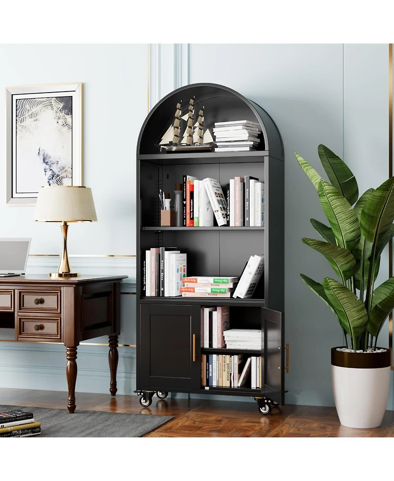 Boyel Living Arched Metal Bookcase with Wheels, Modern Display Shelf and Cabinet with Gold Handles and Glass Doors