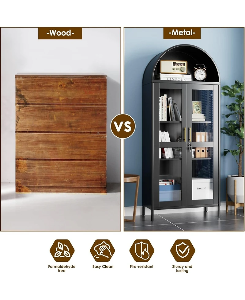 Boyel Living Metal Arched Display Cabinet with Lock, Glass Door Pantry Hutch and Bookshelf for Dining Room