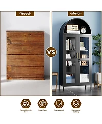 Boyel Living Metal Arched Display Cabinet with Lock, Glass Door Pantry Hutch and Bookshelf for Dining Room