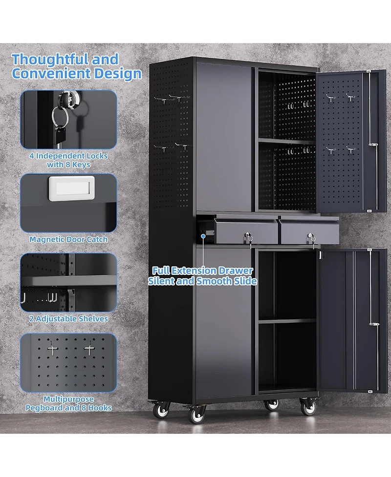 Boyel Living Metal Garage Storage Cabinet with Wheels and Lock, Rolling Tool Organizer with Drawers and Pegboard