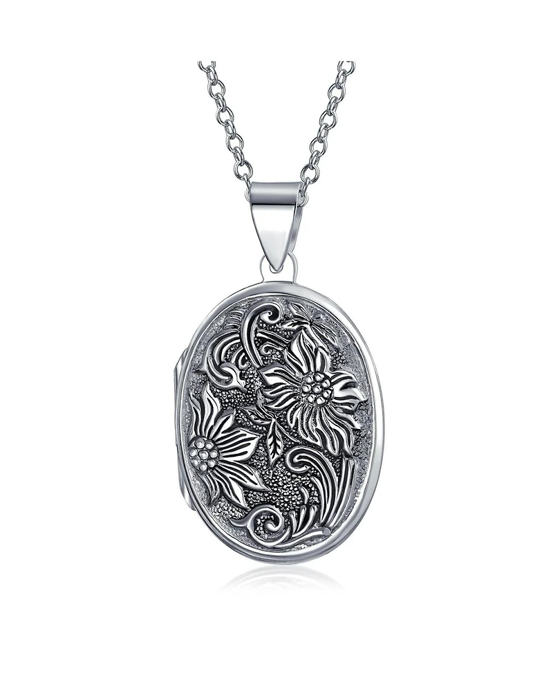 Bling Jewelry Oval Photo Keepsake Locket Necklace Floral Sunflower Embossed Design Oxidized .925 Sterling Silver