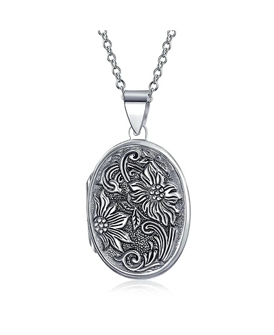 Bling Jewelry Oval Photo Keepsake Locket Necklace Floral Sunflower Embossed Design Oxidized .925 Sterling Silver