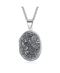 Bling Jewelry Oval Photo Keepsake Locket Necklace Floral Sunflower Embossed Design Oxidized .925 Sterling Silver