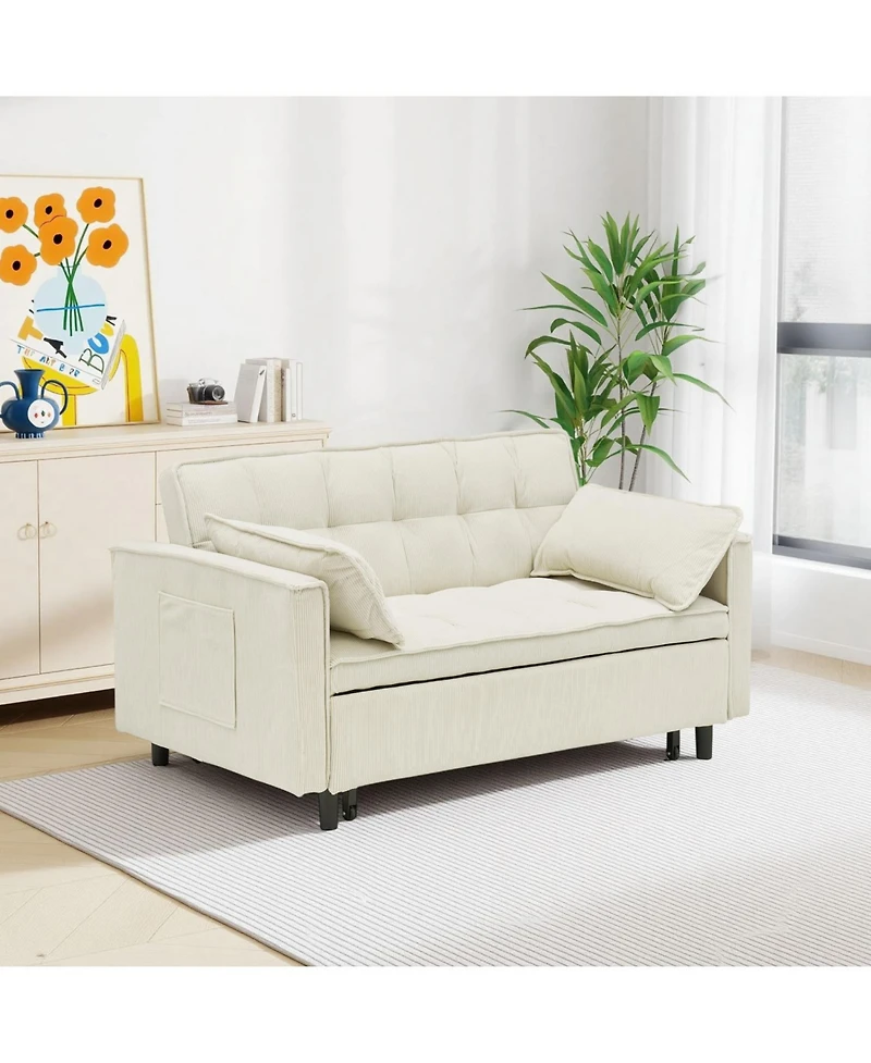Rainsken 3 1 Convertible Sleeper Sofa Bed, with Toss Pillows, Pockets, Corduroy Loveseat Pull-Out Couch, for Small Apartment, Living Room, Office