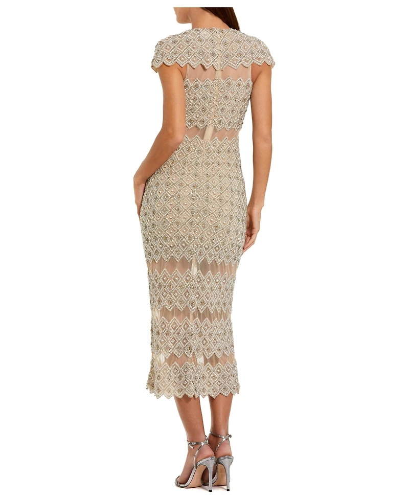 Mac Duggal Women's Beaded Mesh Sheath Midi Dress with Sheer Panels