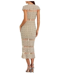 Mac Duggal Women's Beaded Mesh Sheath Midi Dress with Sheer Panels