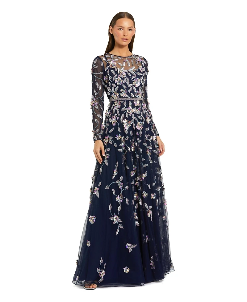 Mac Duggal Petite Long Sleeve Mesh Gown with Beaded Floral Applique