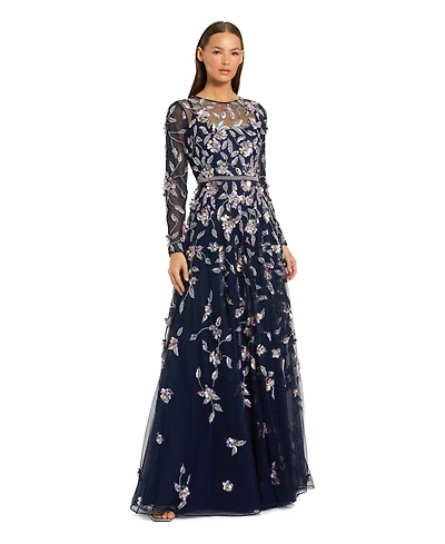 Mac Duggal Petite Long Sleeve Mesh Gown with Beaded Floral Applique