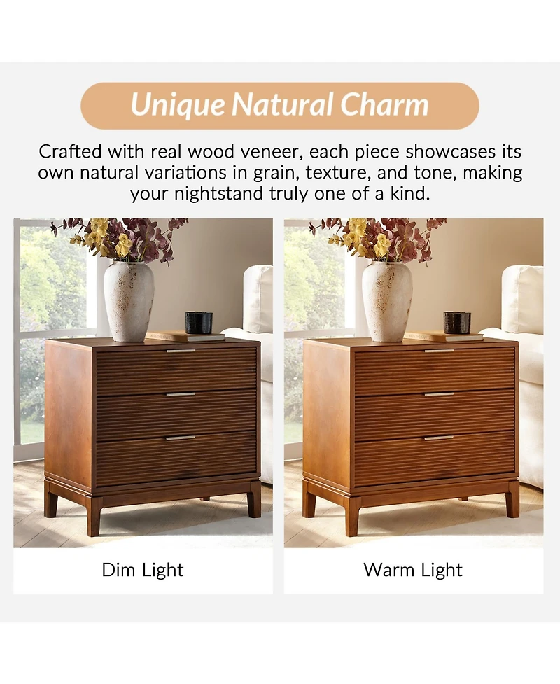 Hulala Home William Mid-Century Modern 28"W 3-Drawer Fluted End Table with Charging Station