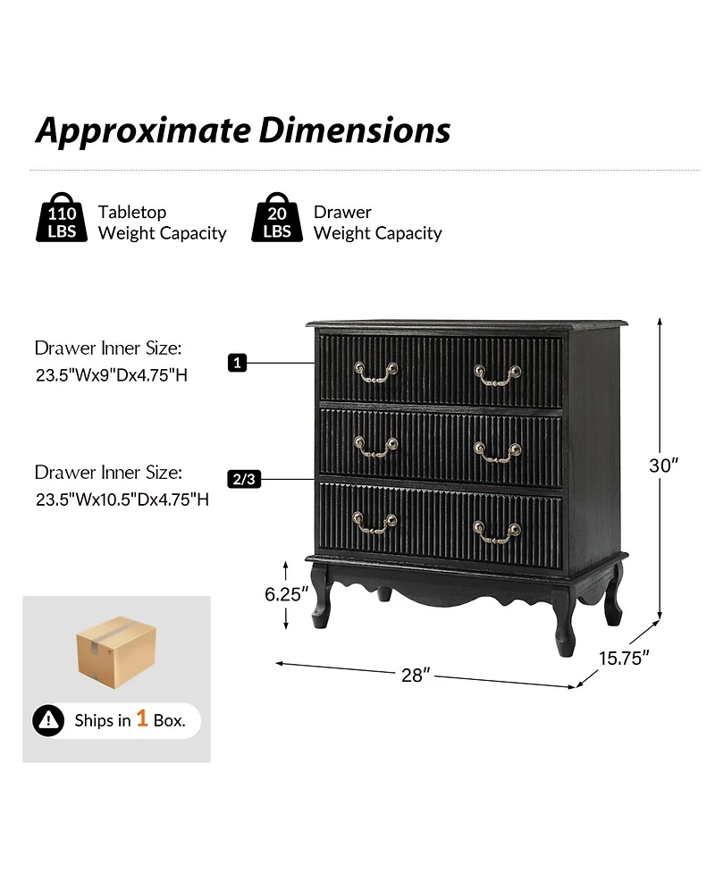Hulala Home Larisa Transitional 28"W 3-Drawer Solid Wood Fluted End Table with Built-In Power Outlet and Simple Assembly
