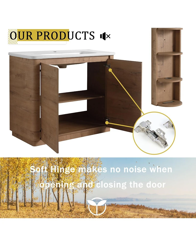 Sillysis Modern Bathroom Vanity Set with Storage Shelf, Freestanding Plywood Cabinet, Ceramic Sink, Soft Close Doors