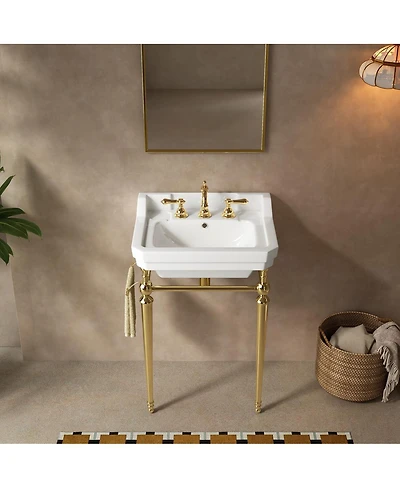 Sillysis Bathroom Console Sink with White Ceramic Vanity, Wall Mounted Basin and Stainless Steel Legs, Towel Bar Included