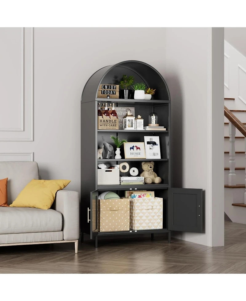Boyel Living Metal Arched Bookcase Cabinet, Wide Tall Bookshelf with Glass Doors and Adjustable Shelves