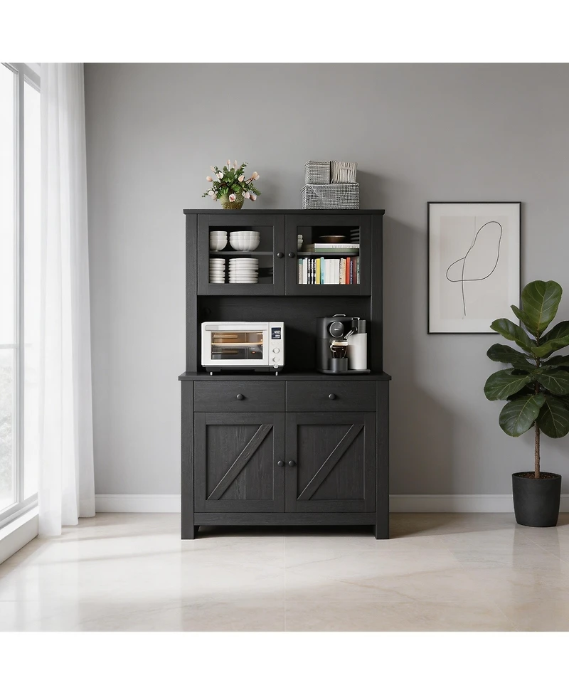 homfan Modern Farmhouse Pantry Cabinet, Engineered Wood Storage Organizer with Adjustable Shelves and Anti-Tip Design, Tempered Glass Door