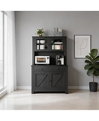 homfan Modern Farmhouse Pantry Cabinet, Engineered Wood Storage Organizer with Adjustable Shelves and Anti-Tip Design, Tempered Glass Door