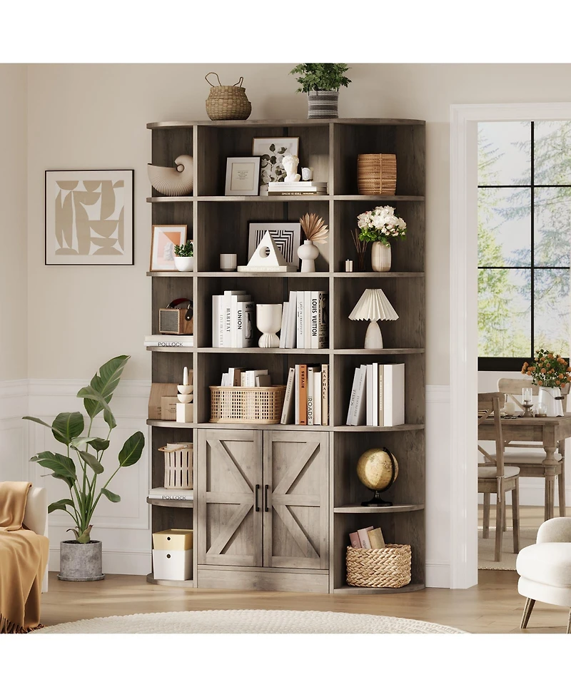 homfan Furniture 6-Tier Wooden Storage Bookcase with Cabinet and Doors, Modern 75 Inch Tall Display Organizer for Activity Room, Living Room and Home