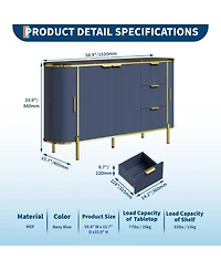 homfan 63.66 Inch Sideboard with 4 Wave-Textured Doors, 3 Fabric Pull Drawers, Raised Metal Legs, Wine Storage, Rounded Edges