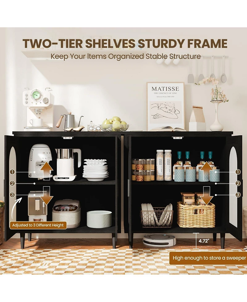 homfan 2 Piece Farmhouse Rattan Sideboard Buffet Cabinets, 35.2 Inch Compact Accent Table with Single Door and Adjustable Shelves for Entryway