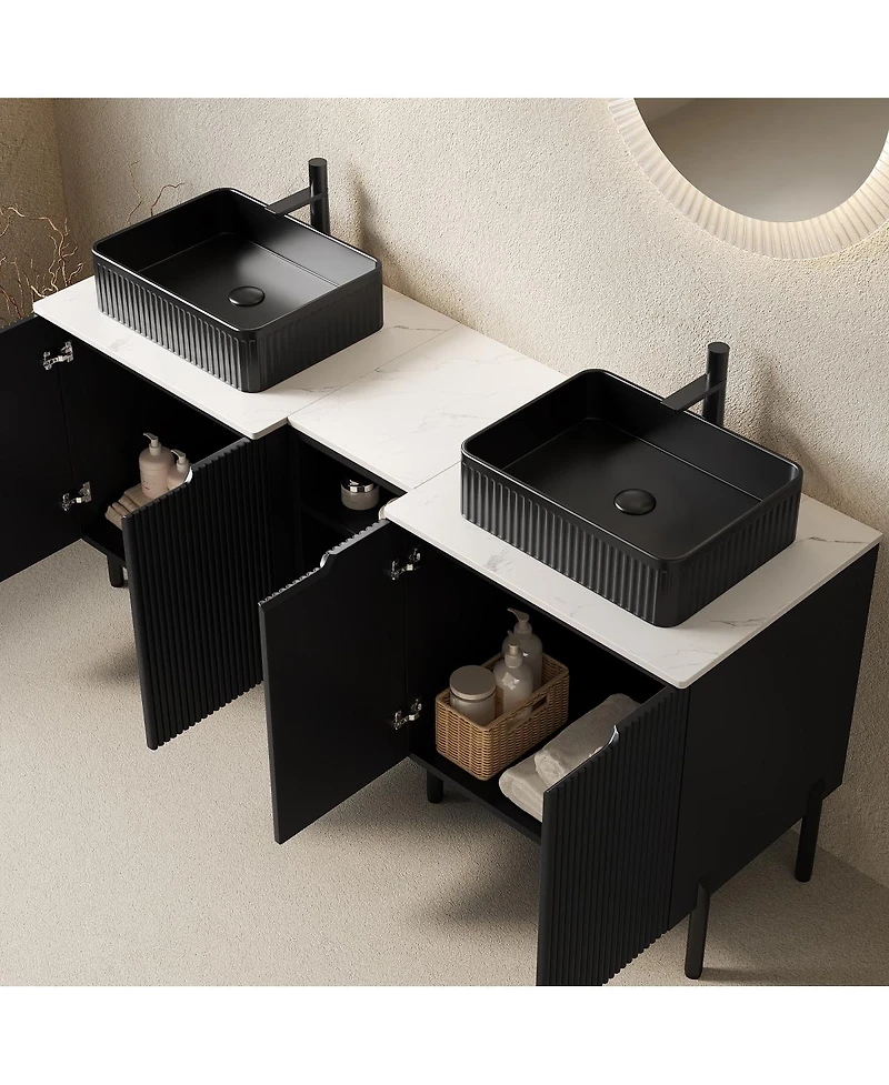 Sillysis 60 Inch Bathroom Vanity with Double Vessel Sinks, Sintered Stone Countertop, Soft Close Doors, Open Shelf Storage