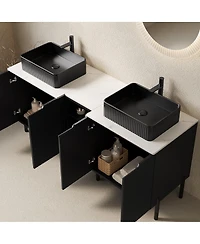 Sillysis 60 Inch Bathroom Vanity with Double Vessel Sinks, Sintered Stone Countertop, Soft Close Doors, Open Shelf Storage
