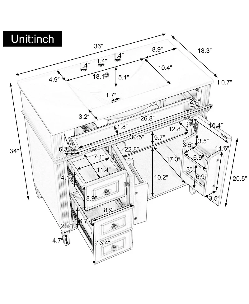 Sillysis 36" Bathroom Vanity with Ceramic Sink and Tilt-Out Drawer, Soft-Close Doors, Freestanding Classic Modern Storage