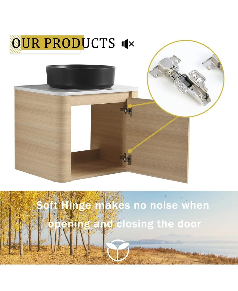 Sillysis 23.6 Inch Wall Mounted Modern Bathroom Vanity with Plywood Cabinet, Stone Countertop, Ceramic Vessel Sink for Small Spaces