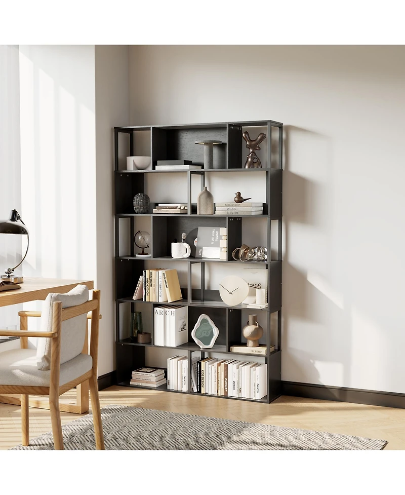 homfan Geometric Metal Bookshelf, 74 Inch 6 Tier Narrow Room Divider with Anti Tip Device for Living Home Office