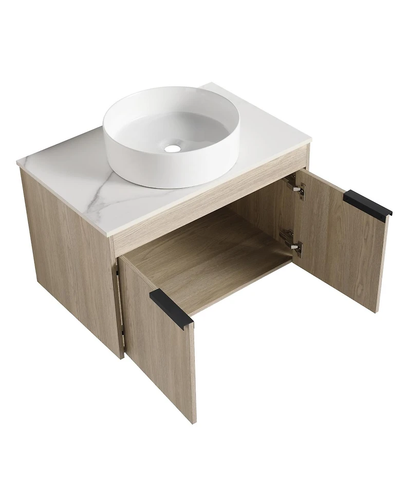 Sillysis 24" Wall Mounted Bathroom Vanity with Ceramic Vessel Sink, White Stone Top, Soft Close Doors
