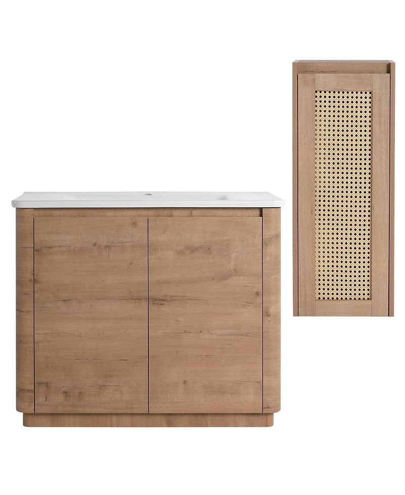 Sillysis Bathroom Vanity Set with Side Cabinet, Freestanding Modern Plywood Storage, Ceramic Sink and Soft Close Doors