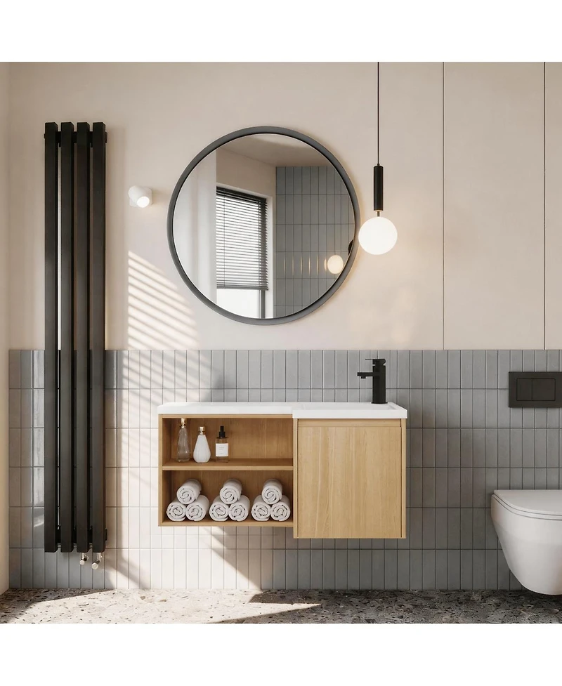 Sillysis 35.5 Inch Corner Floating Bathroom Vanity with Integrated Resin Sink, Plywood Cabinet, Open Storage for Small Bathrooms