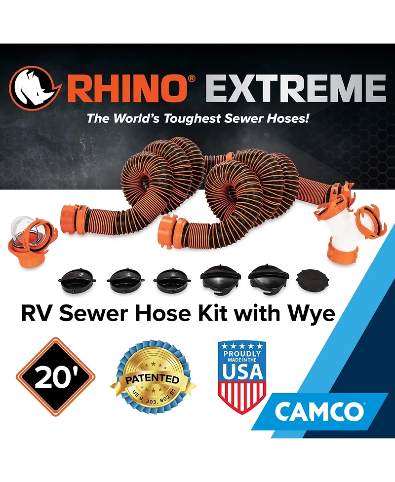 Camco Rhino Extreme 20 Feet Sewer Hose Kit with 360 Degree Clear Swivel Wye Fitting