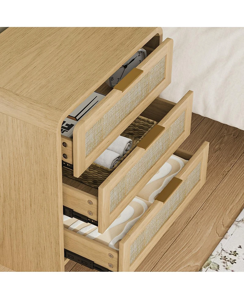 Streamdale Furniture 3-Drawer Rattan Nightstand 22.8'' Curved Wooden Bedside Table