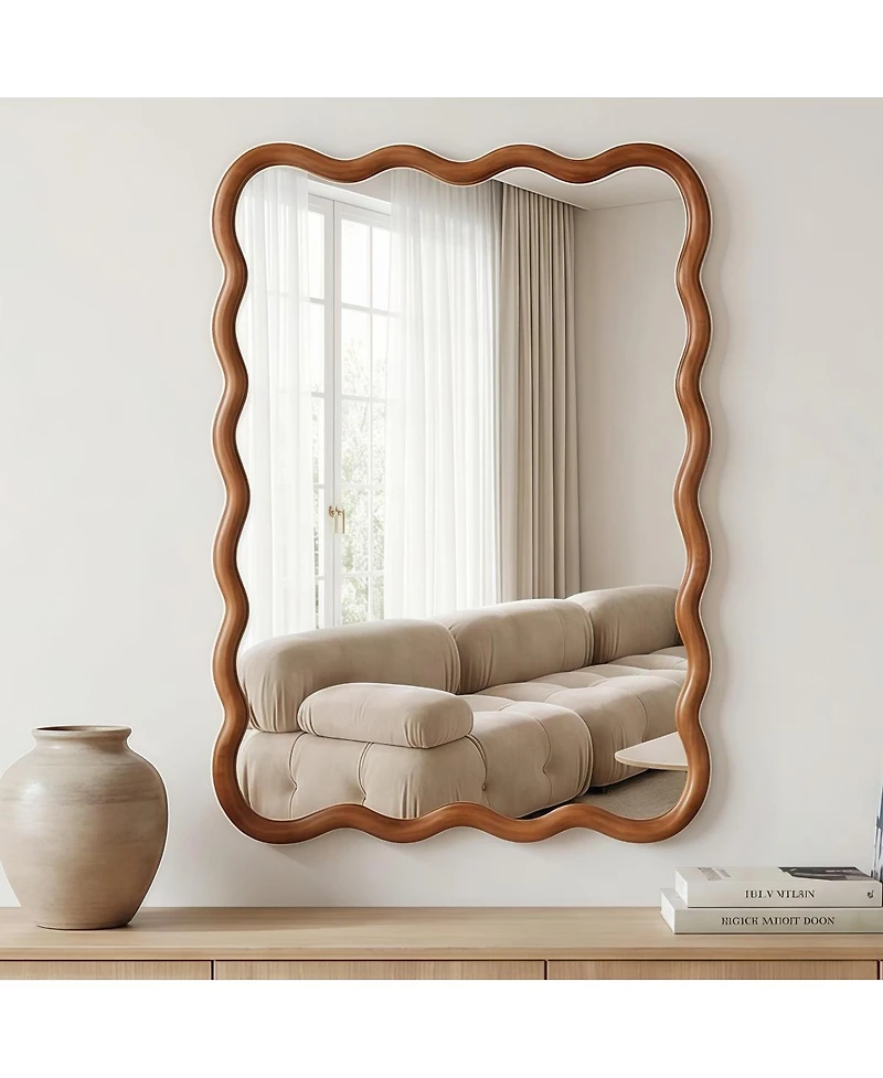 Laoties Wood Wall Mirror, Wavy Rectangle Bathroom Vanity Mirror for Entryway and Bedroom