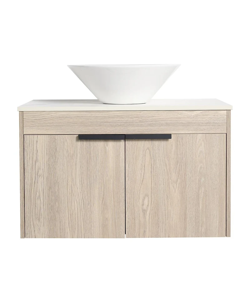 Sillysis Wall Mounted Bathroom Vanity with Ceramic Vessel Sink, Stone Top, Soft Close Doors, Modern Handle Design