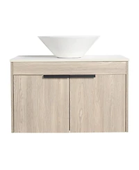 Sillysis Wall Mounted Bathroom Vanity with Ceramic Vessel Sink, Stone Top, Soft Close Doors, Modern Handle Design