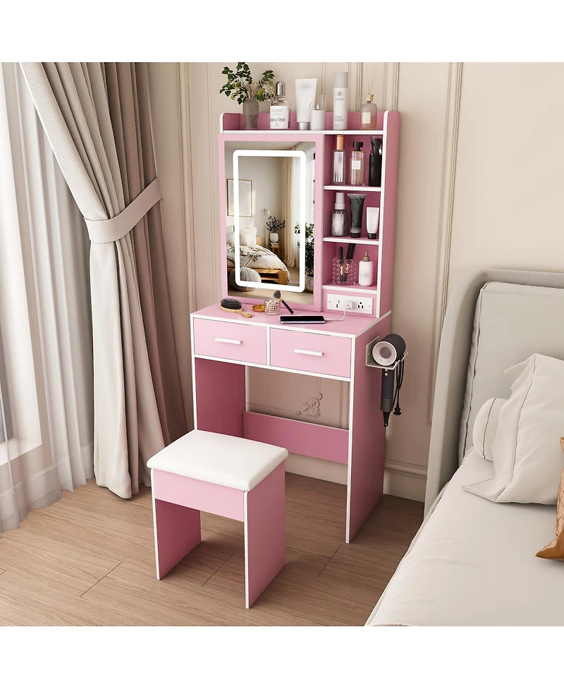 Streamdale Furniture Small Makeup Vanity Desk with Led Mirror Power Outlet Storage and Stool