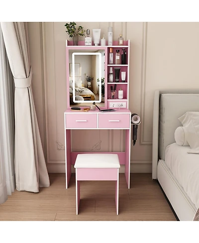 Streamdale Furniture Small Makeup Vanity Desk with Led Mirror Power Outlet Storage and Stool