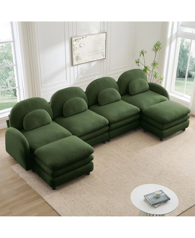 Streamdale Furniture Teddy Fabric 4-Seat Modular Sofa with Ottomans and Lumbar Pillows