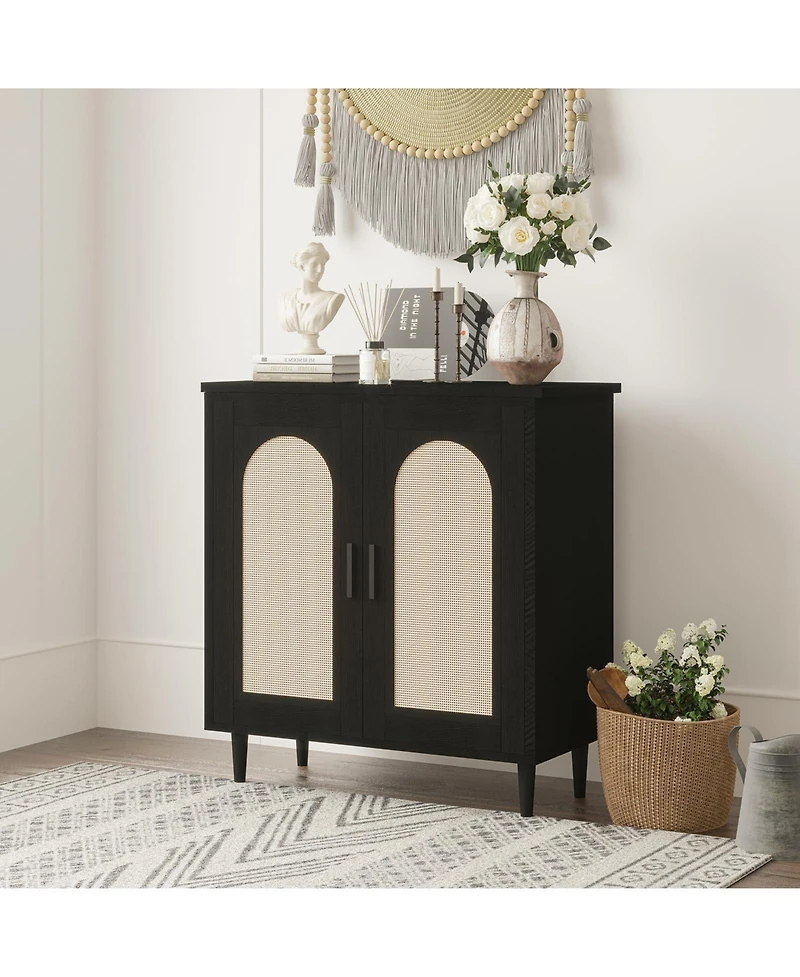 homfan Compact Rattan Buffet Sideboard Cabinet Single Door, Adjustable Shelves, Sturdy Wood Feet, Kitchen Storage Console Table