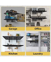 homfan Set of 2 Wall Mounted Shelf, Heavy Duty Metal Shelving Unit with Hooks for Garage or Laundry Room