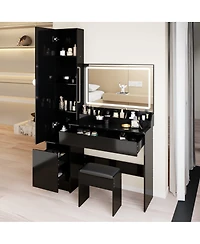 Streamdale Furniture Extra Large Led Vanity Table with Mirror Cabinet Cushioned Stool and Storage